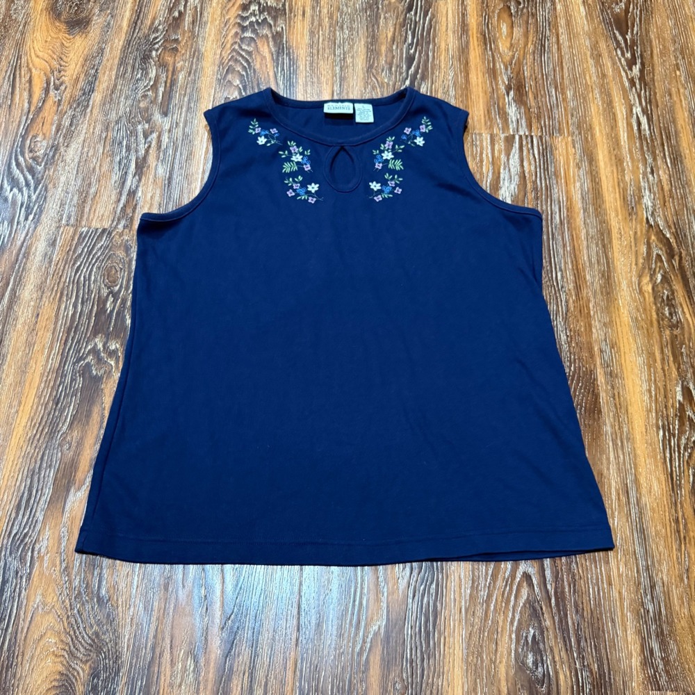 Vintage Navy Blue Floral Embroidered Keyhole Sleeveless‎ Tank Top Womens Size L